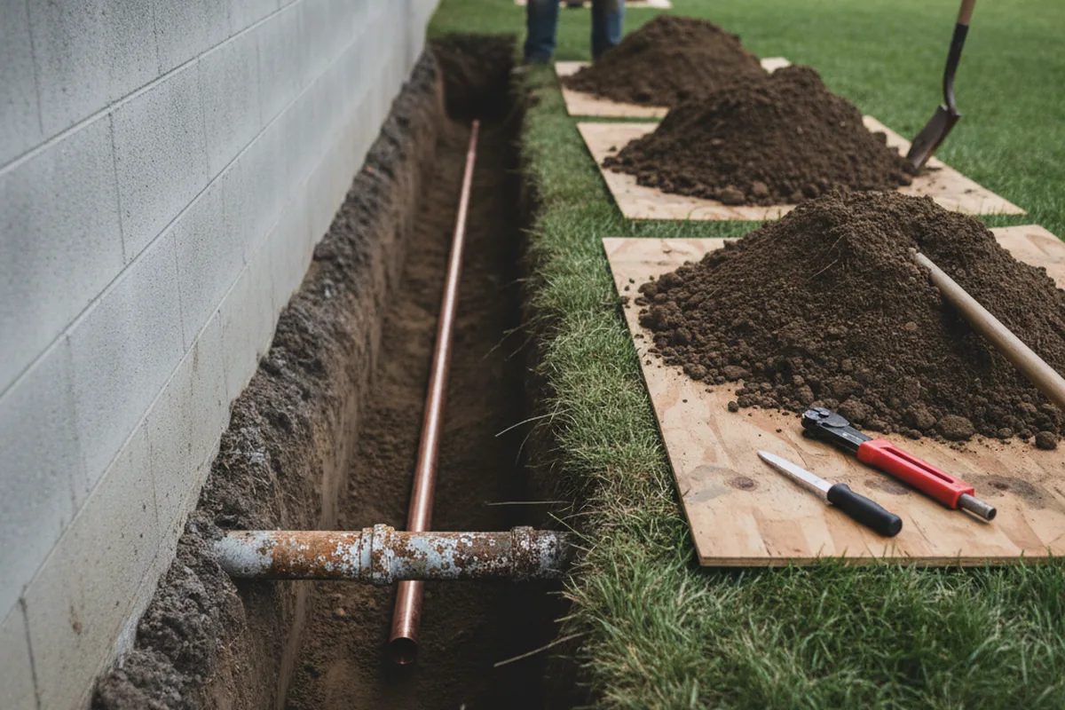 Excavated water line trench during Water Softener Installation in Rhodhiss